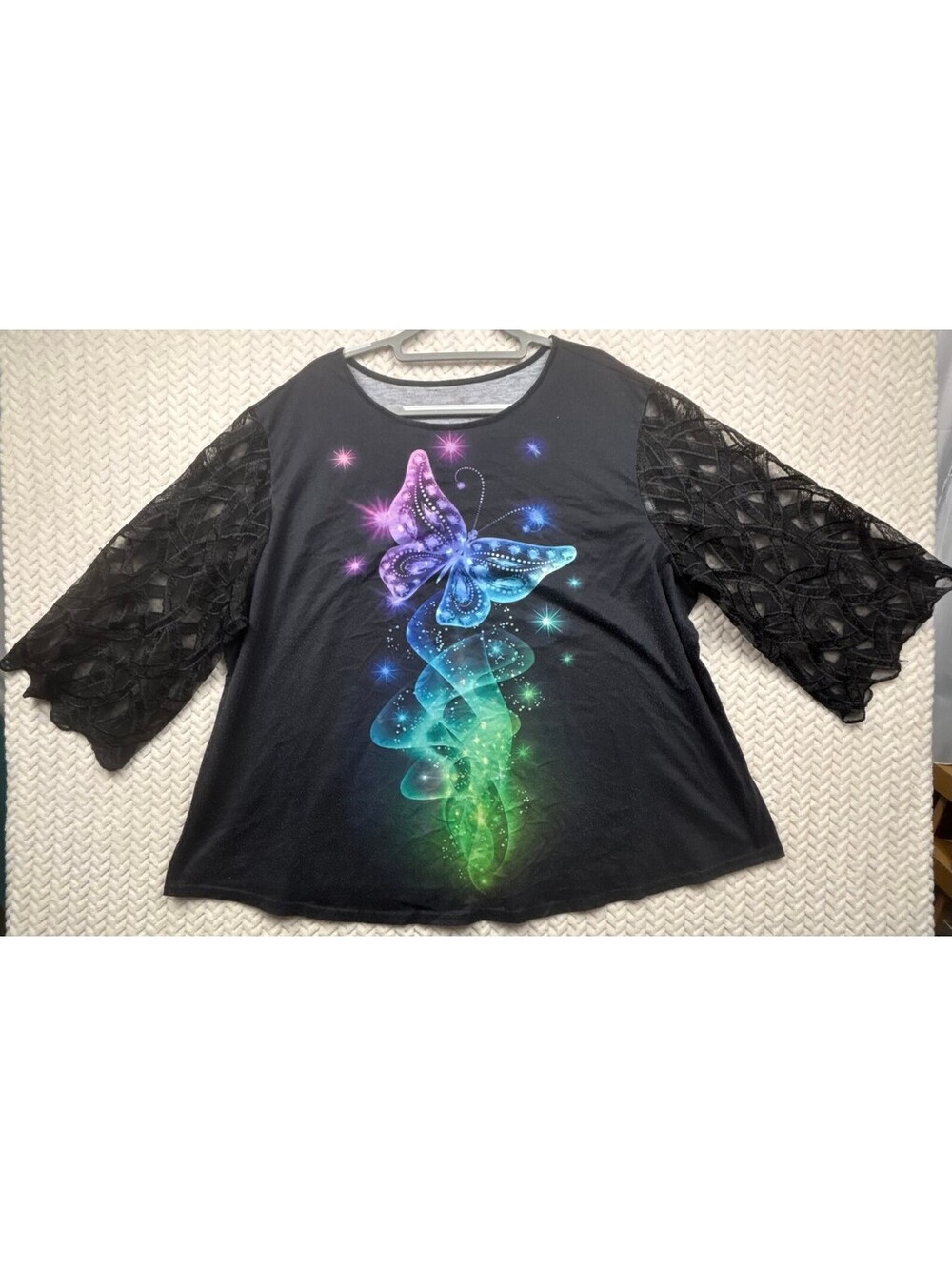 Black Top with Colorful Butterfly Graphic and Lace Sleeves